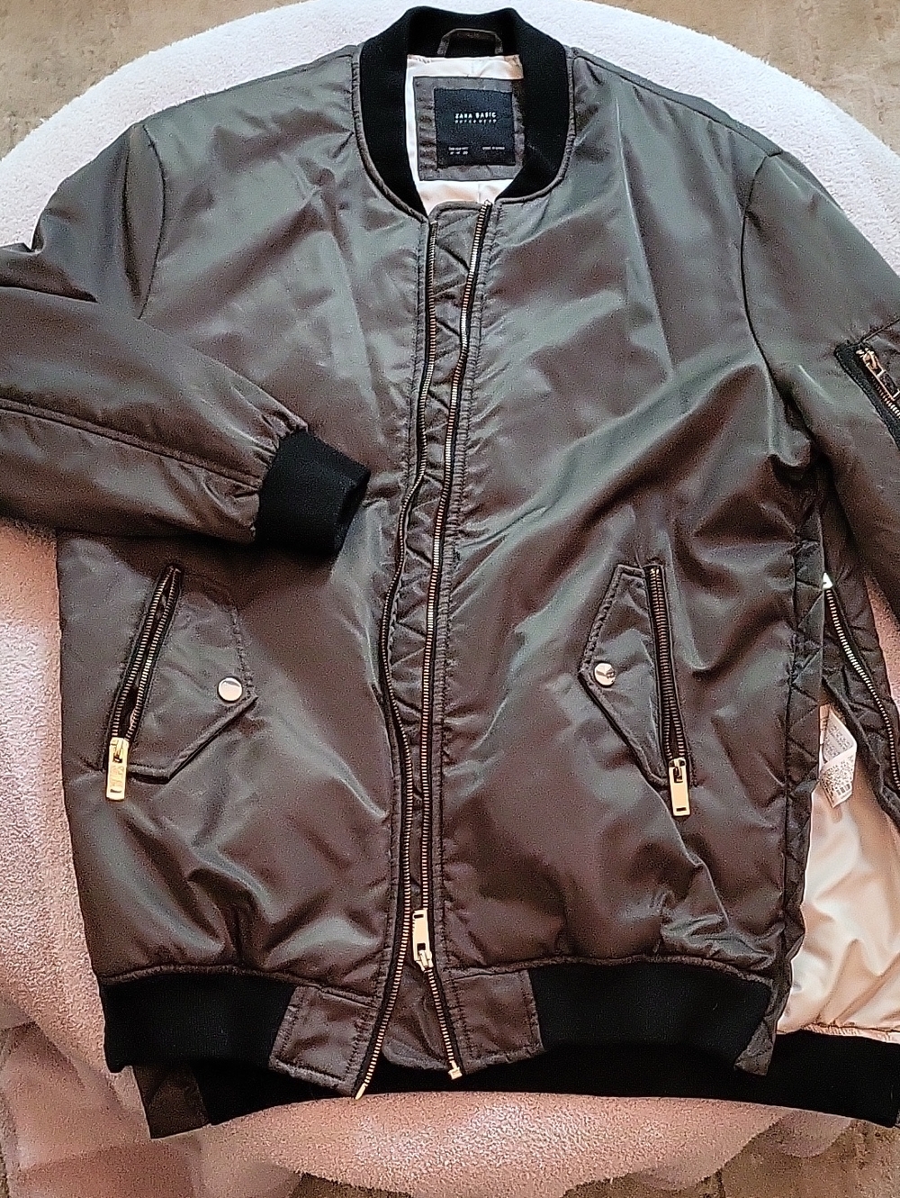 Zara Olive Bomber Jacket with Black Trim
